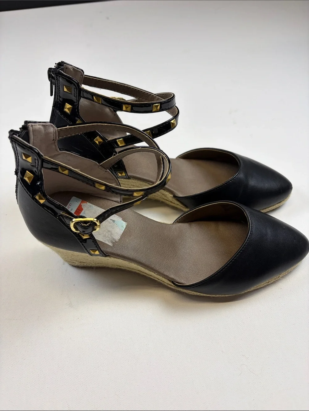 RIALTO BLACK STUDDED ESPADRILLE WEDGE PUMPS POINTED TOE ANKLW STRAP SIZE 9.5